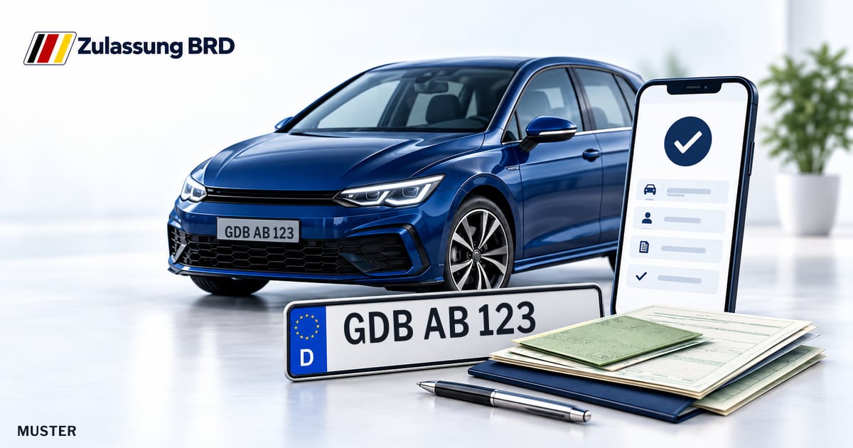 Online Fahrzeugzulassung in Grevesmühlen: Musterkennzeichen GDB AB 123, Auto und Fahrzeugpapiere und Smartphone. Illustration mit Logo von Zulassung BRD.